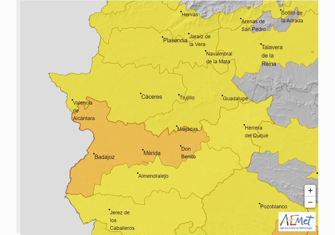 Mapa de alertas meteorológicas en Extremadura para mañana, martes 23 de junio