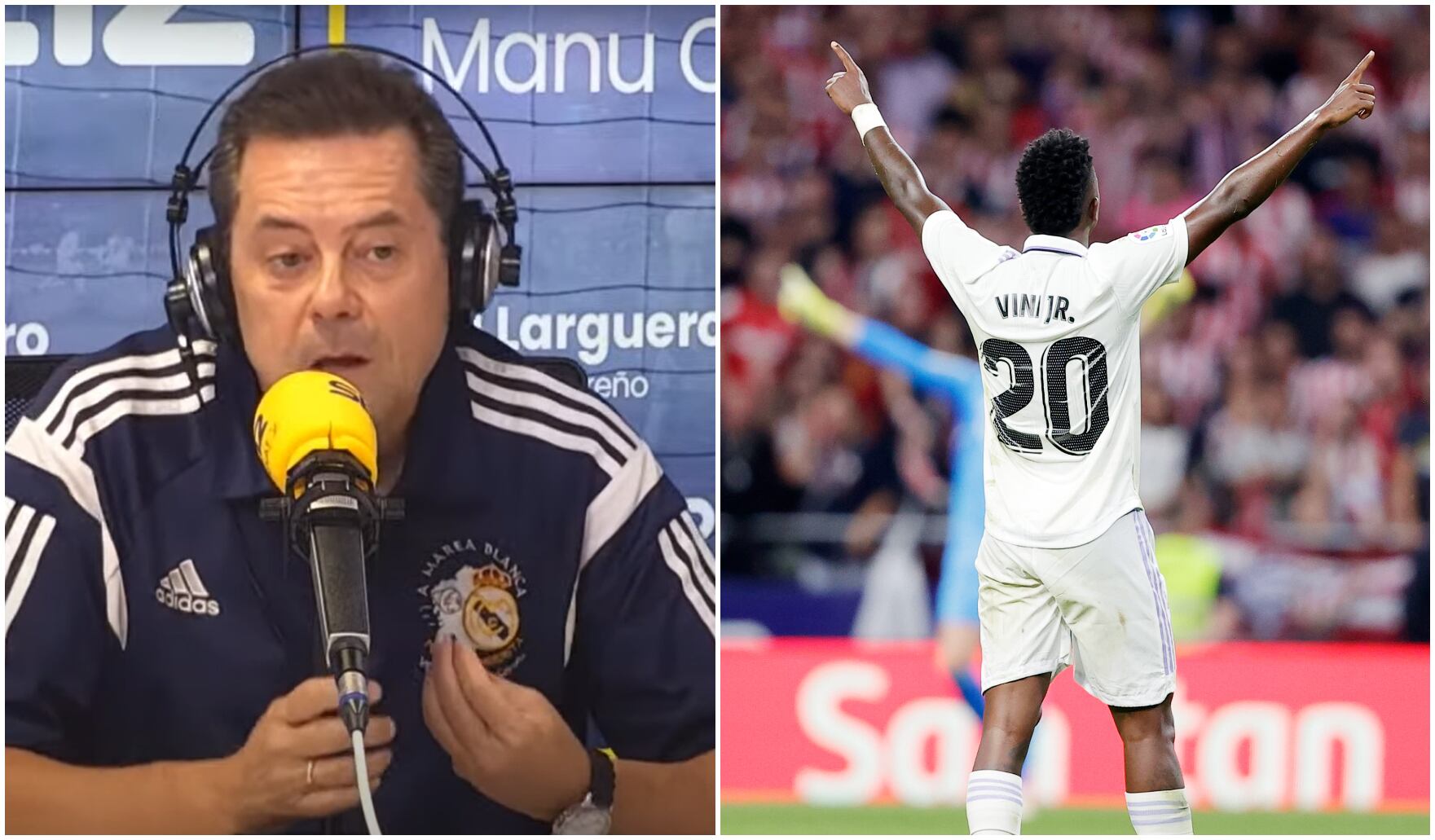 A la izquierda, Tomás Roncero, en El Larguero. A la derecha, Vincius celebra la victoria del Real Madrid ante el Atlético, el pasado domingo.