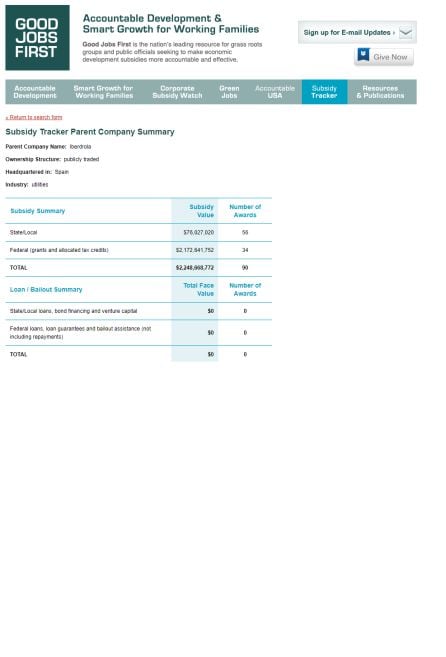 Parte del dossier de Good Jobs First donde se establece las ayudas que recibe Iberdrola de la administración norteamericana y que superan los dos mil millones de dólares