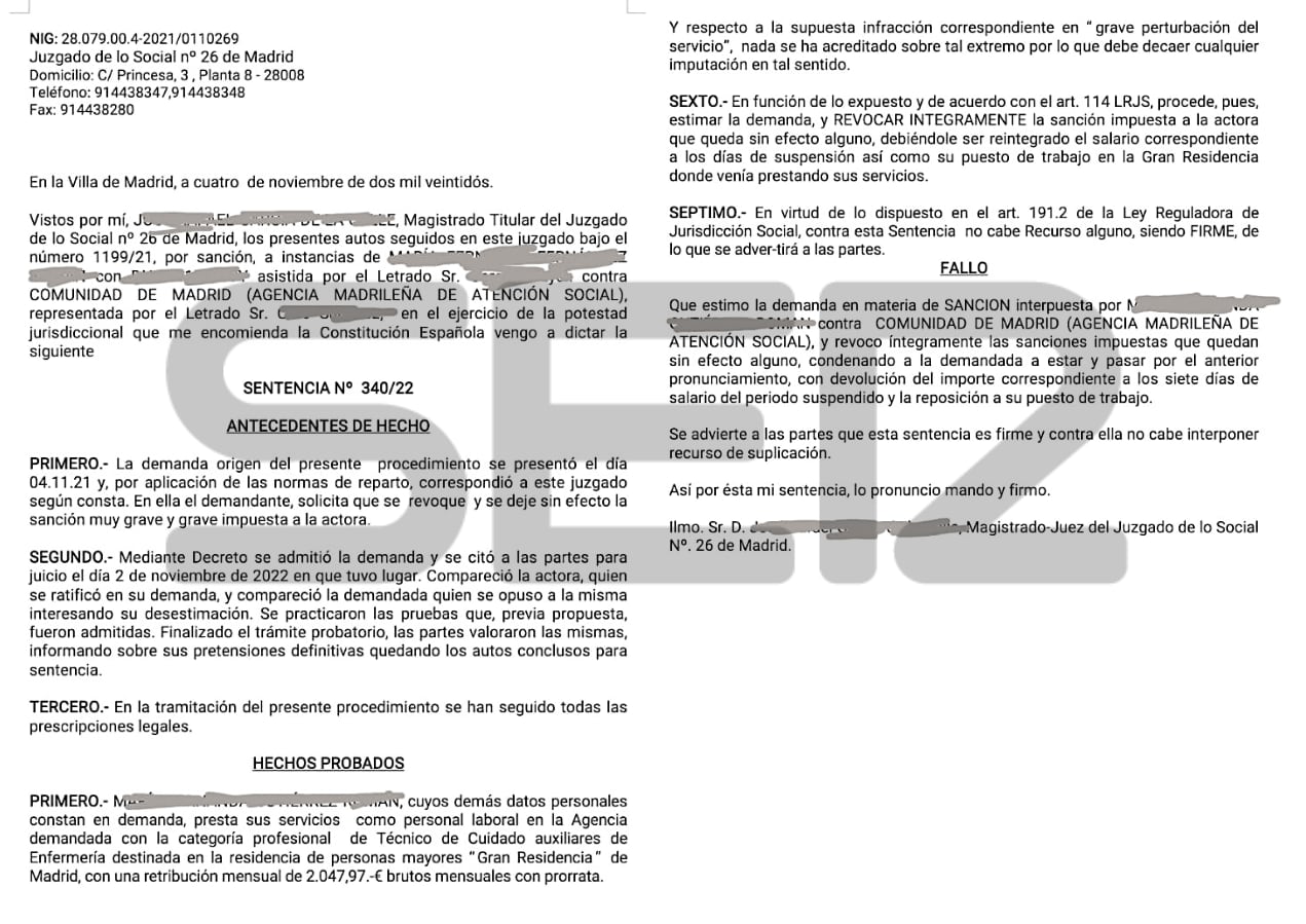 Primera y última página del fallo que da la razón a la trabajadora