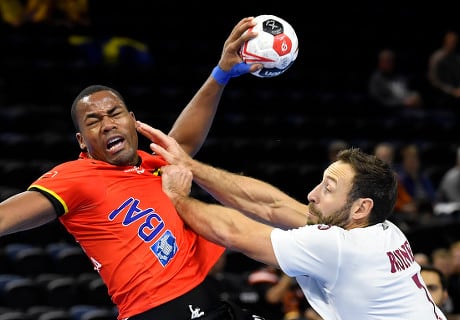 Mandatory Credit: Photo by TIBOR ILLYES/EPA-EFE/Shutterstock (10054586b)
Adelino Pestana (L) of Angola is challenged for the ball by Bertrand Roine of Qatar during the IHF Men&#039;s Handball World Championship match between Angola and Qatar in Copenhagen, Denmark, 11 January 2019.
IHF Men&#039;s Handball World Championship 2019, Copenhagen, Denmark - 11 Jan 2019