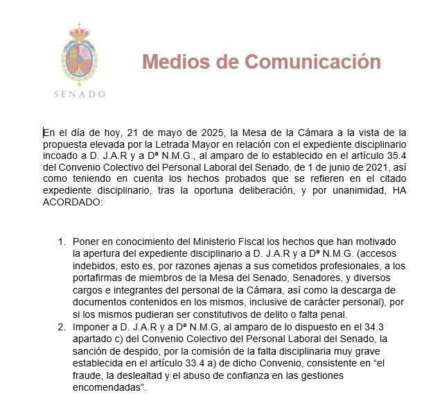 Comunicado del Senado sobre la apertura de expediente a dos trabajadores por la descarga de documentos propiedad de senadores