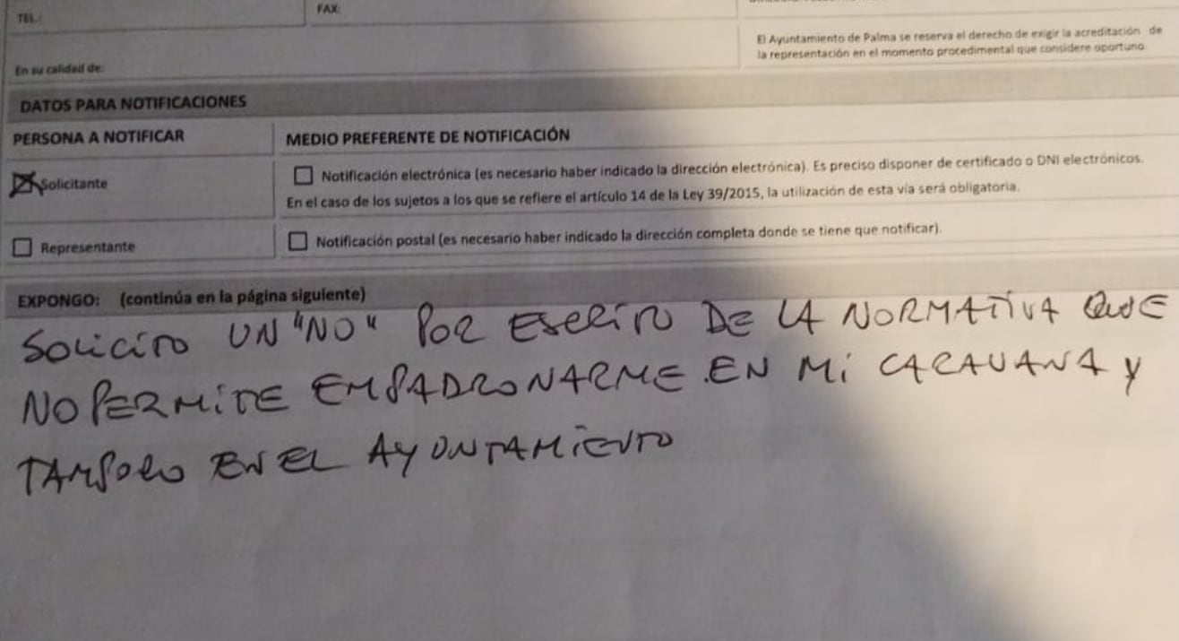 Imagen de la solicitud de Javier reclamando una negativa por escrito a su petición de empadronamiento