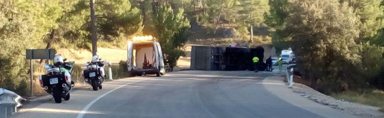El camión accidentado en mitad de la N-420