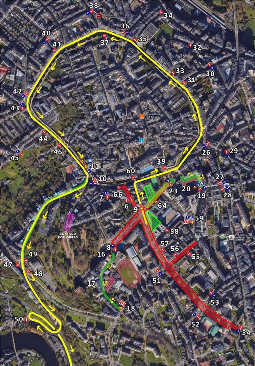 Mapa de los cortes de tráfico en Lugo por el paso de La Vuelta