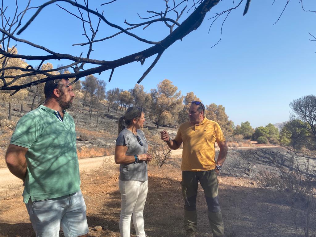 Momento de la visita de Elena González al paraje de Los Pinares, acompañada por el presidente del PP de Jódar, Juan Ruiz, y otro miembro del PP local