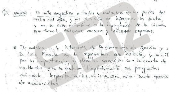 El manuscrito de López Negrete en el que aclaraba que se adhería a la intervención de Pineda