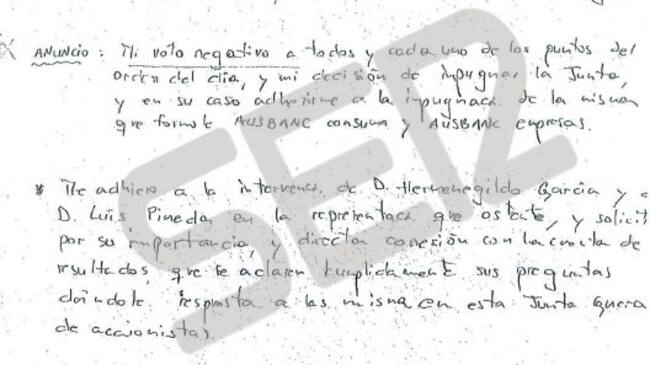 El manuscrito de López Negrete en el que aclaraba que se adhería a la intervención de Pineda