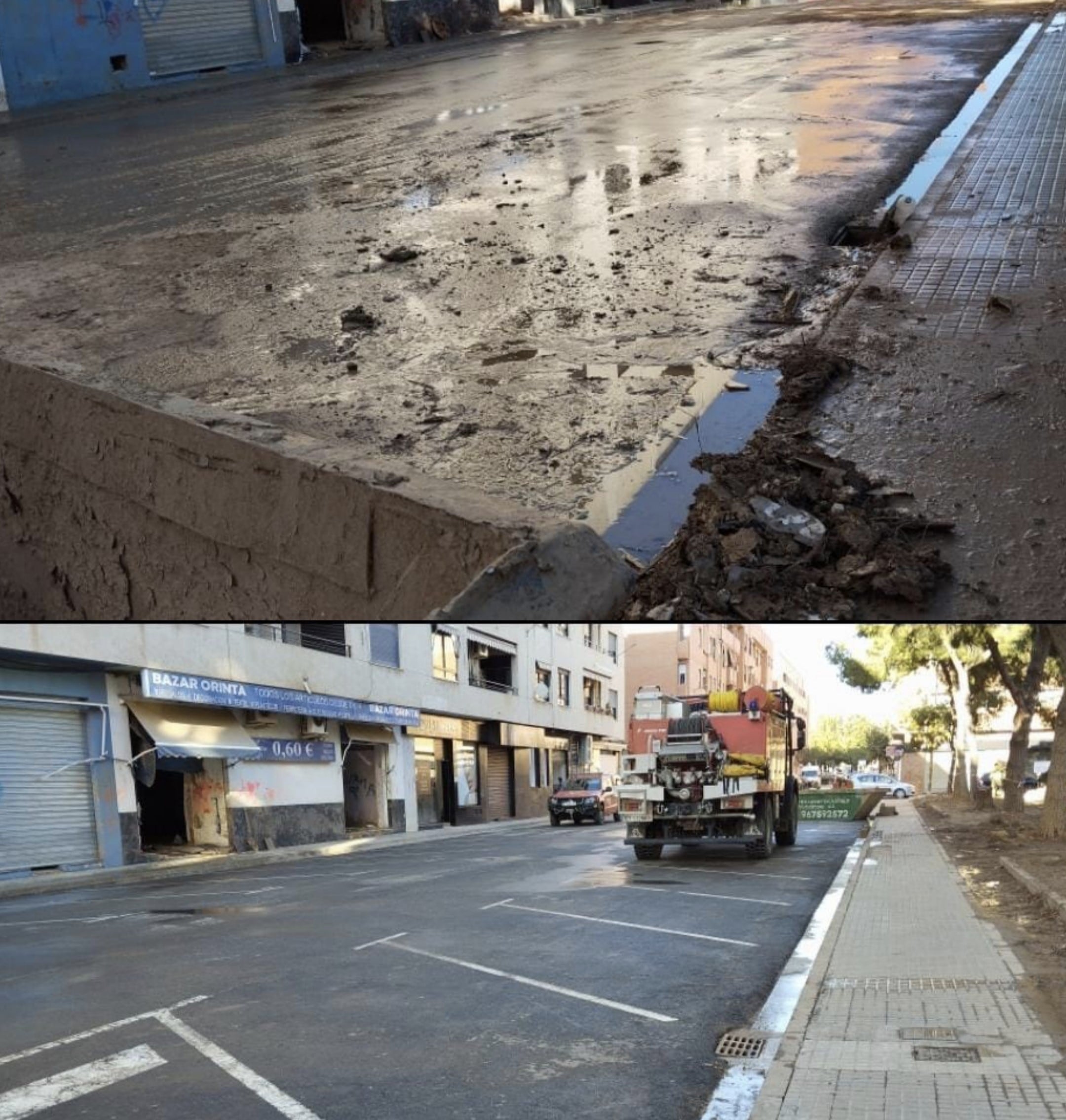 Antes y después de la limpieza viaria de una de las calles en la zona de las inundaciones