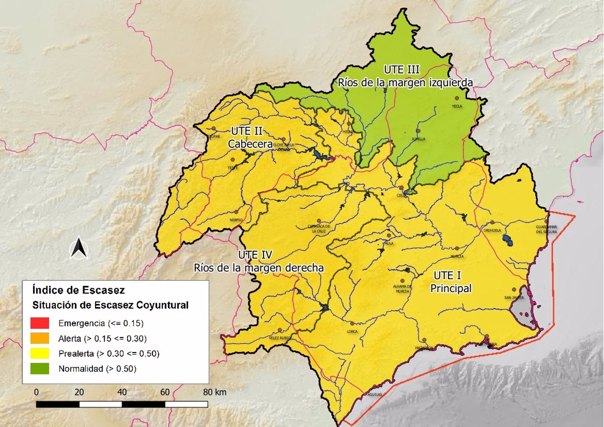 Mapa que refleja el índice de escasez de la cuenca del Segura