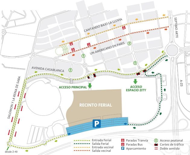 Mapa de accesos al Recinto Ferial y al Espacio Zity en las Fiestas del Pilar