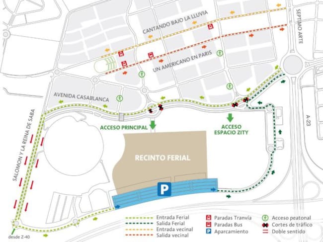 Mapa de accesos al Recinto Ferial y al Espacio Zity en las Fiestas del Pilar