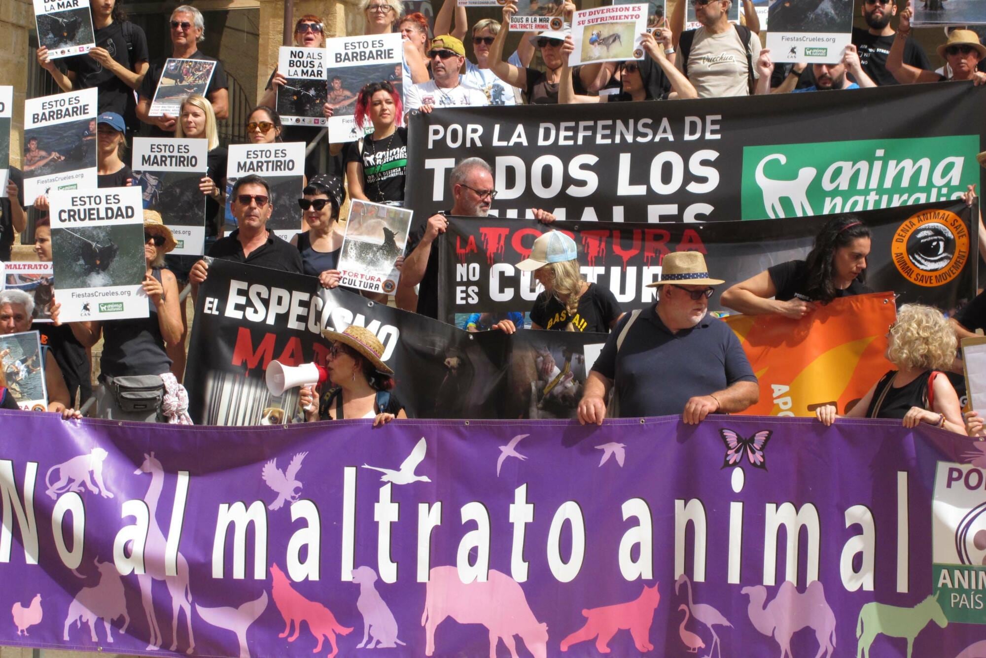 Momento de la manifestación contra los bous a la mar, celebrada el 9 de julio en Dénia.