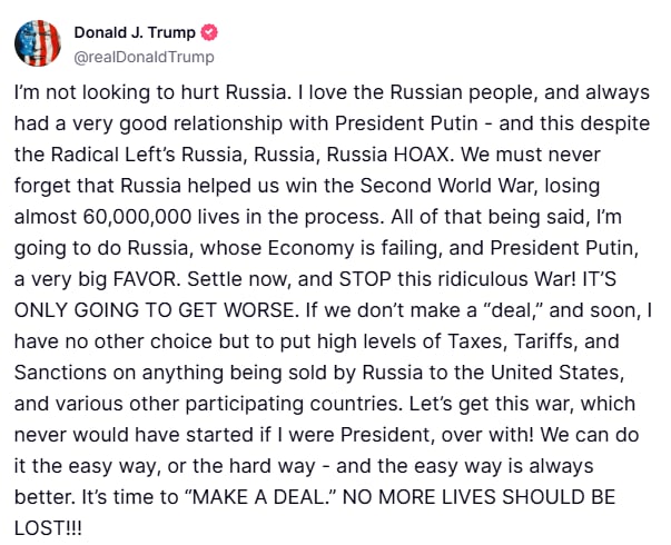 Mensaje de Donald Trump en la red social que utiliza en el que amenaza con sanciones y aranceles a Rusia si no detiene la invasión de Ucrania