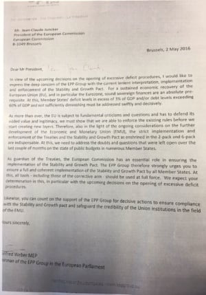 Carta de Weber a Juncker, a la que ha tenido acceso la SER.