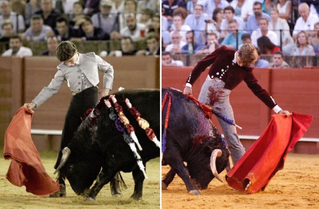 Manolo Vázquez, a la izquierda, en el festival de la Macarena en 2018; a la derecha, Jaime González-Écija en el Festival del Baratillo y la Esperanza de Triana el 12 de octubre de 2019, última faena de muleta acontecida en la Maestranza