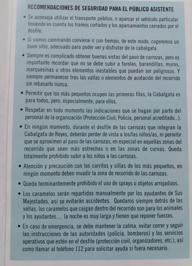 El ayuntamiento hacie las siguientes recomendaciones de seguridad alos asistentes a la cabalgata