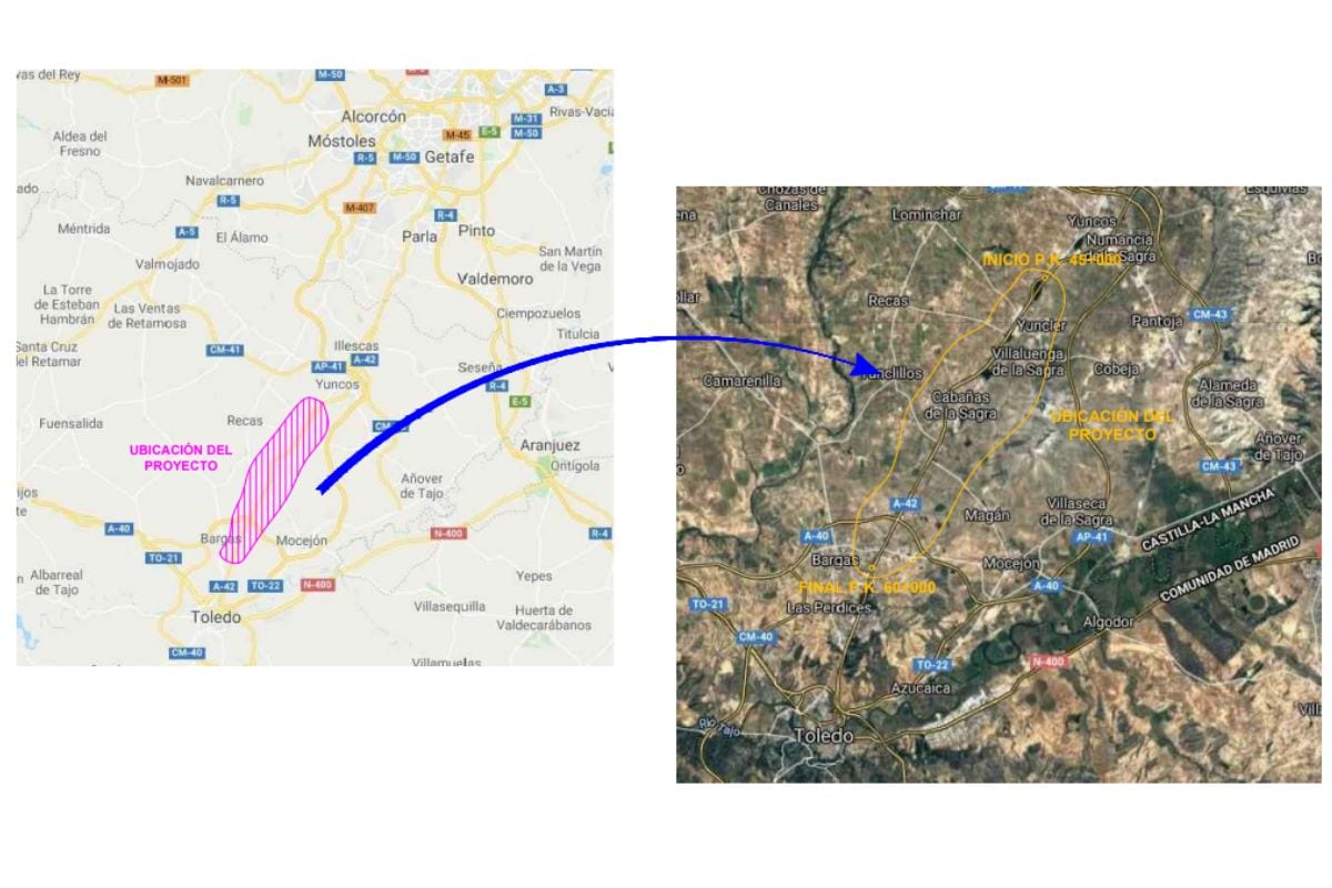 Plano de la localización del tramo de obras en la Autovía A-42, a su paso por la provincia de Toledo