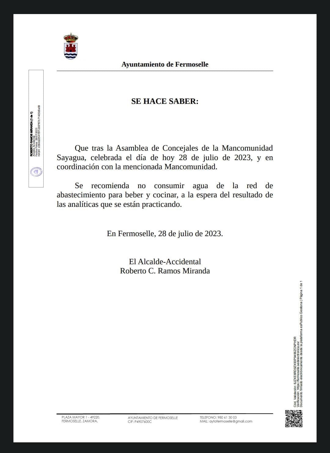 Bando de la Alcaldía de Fermoselle que recomienda no consumir agua de la red de abastecimiento de Sayagua