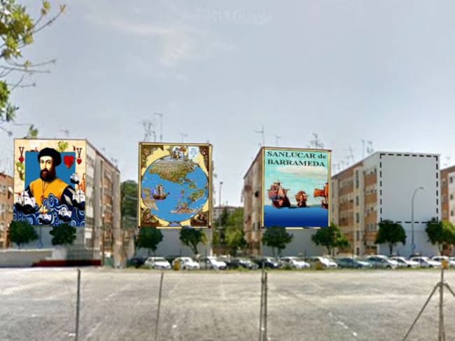 Fotomontaje de cómo quedarían los bloques de la calle Tarfia tras el tarbajo artístico de Alexandra del Bene