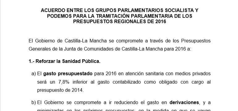 Documento firmado entre Gobierno, PSOE y Podemos sobre los presupuestos de 2016