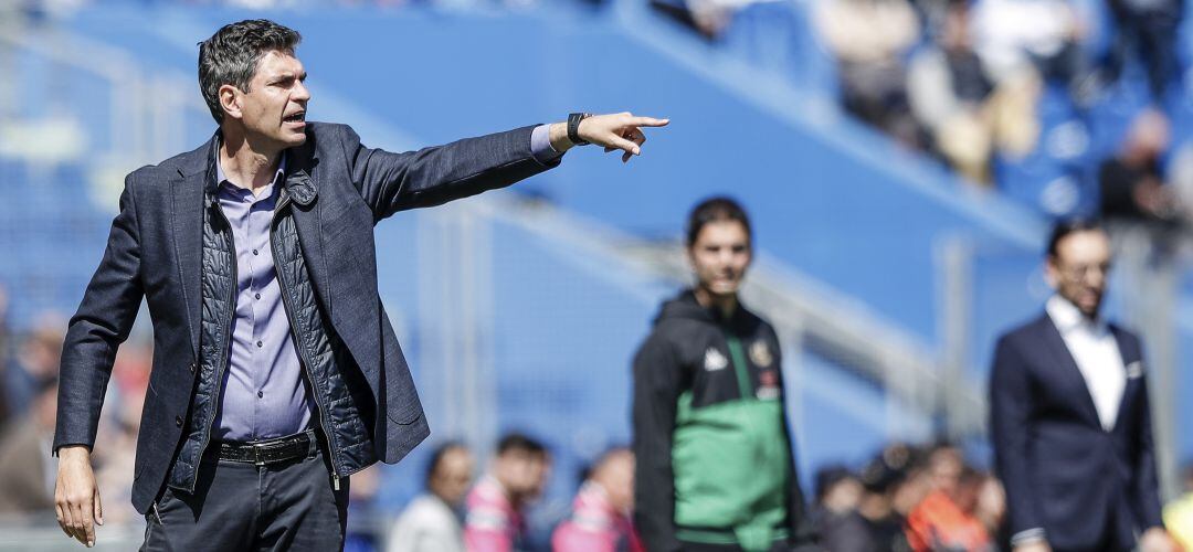 Pellegrino (i) da instrucciones a los suyos desde la banda del Coliseum, con Bordalás en segundo plano