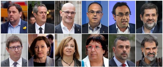 De izquierda a derecha y de arriba abajo, Oriol Junqueras; Joaquim Forn; Raül Romeva; Jordi Turull; Josep Rull; Jordi Sánchez; Carles Mundó; Carmen Forcadell; Meritxell Borrás; Dolors Bassa; Santiago Vila y Jordi Cuixar