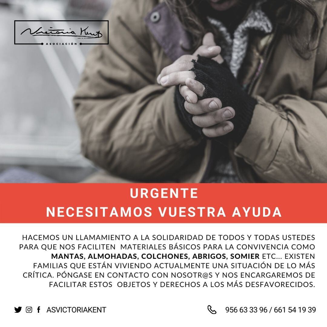 La Asociación de Mujeres Progresistas Victoria Kent lanza una campaña para donación de mantas, almohadas, colchones, necesarios para personas en situación crítica.