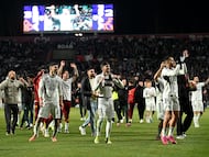 Los jugadores del Albacete celebran su victoria ante el Real Madrid en la Copa del Rey