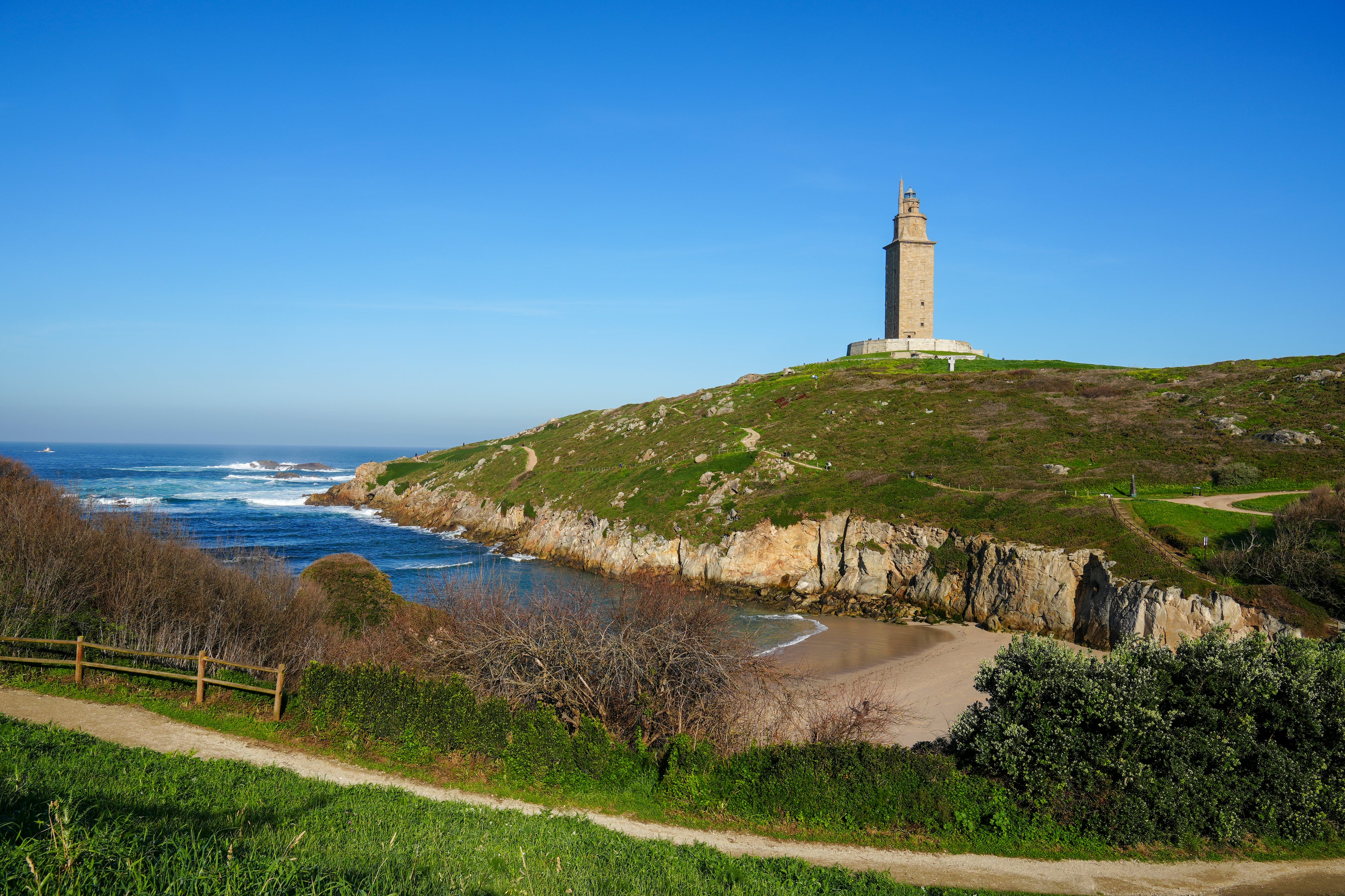 A Coruna Galicia Spain on February 2, 2024 Built by the Romans around AD 98117, this is the world&#039;s oldest functioning lighthouse.