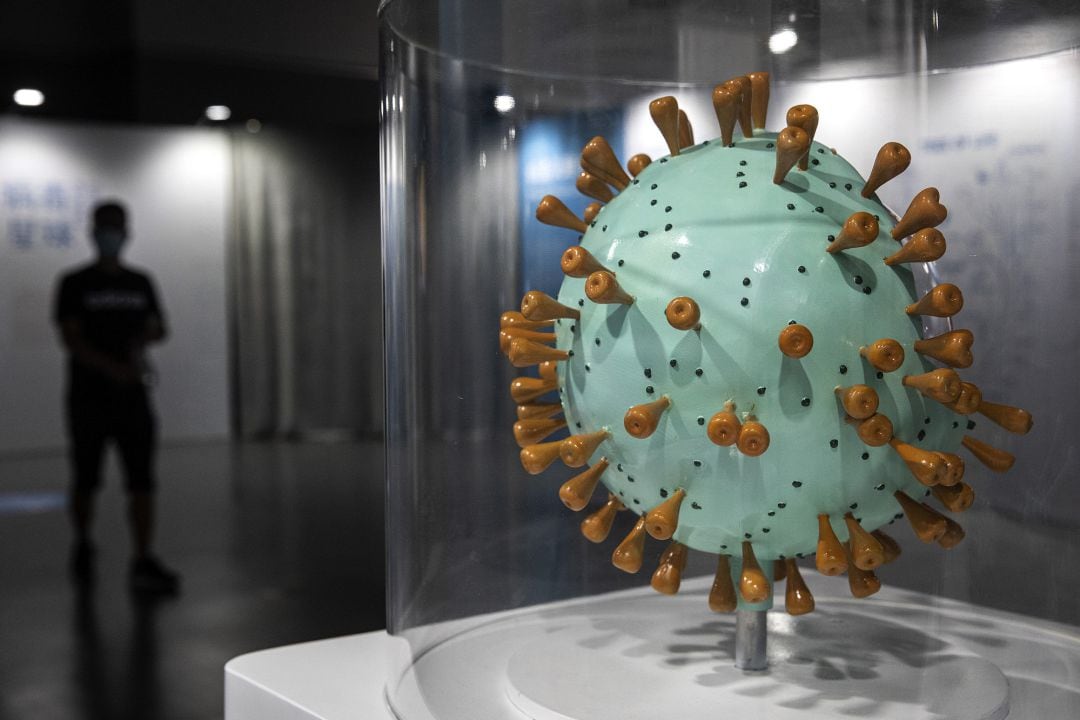 La maqueta de un coronavirus en una exposición de temática científica que puede visitarse en Wuhan (China).