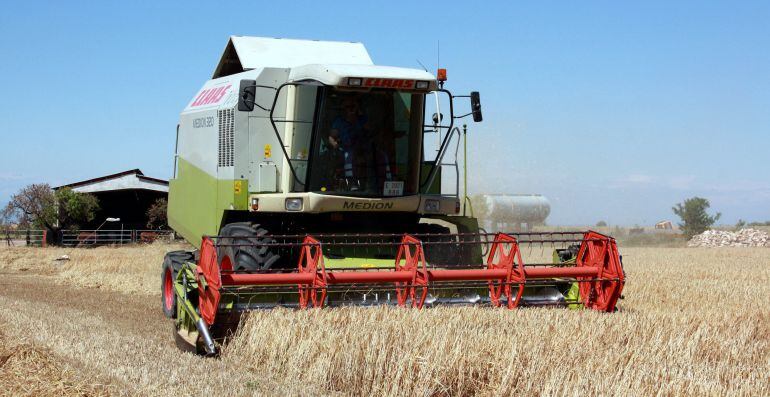 Una màquina recol·lectora segant el cereal en una finca del municipi d'Alfés. Imatge de l'1 de juny del 2016.