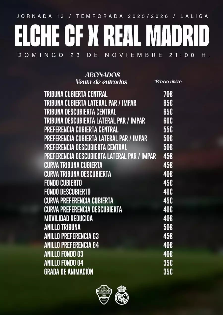 Precios de las entradas para abonados del Elche CF