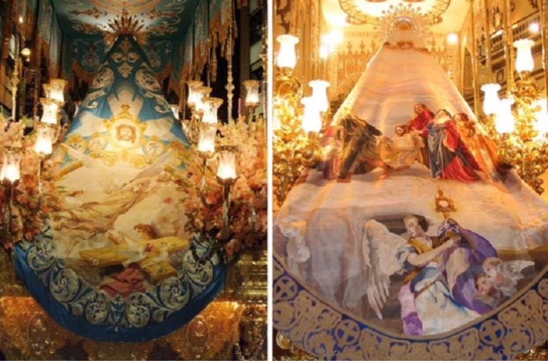 Mantos de las imágenes titulares de las dos principales cofradías de la Semana Santa de Lorca, Virgen de los Dolores (Paso Azul) y Virgen de la Amargura (Paso Blanco)