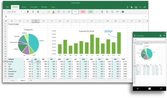 Captura de pantalla de Excel 2016 en tablet y móvil