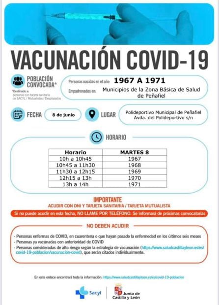 Cartel de la próxima jornada de vacunación masiva (8 de junio) en Peñafiel.