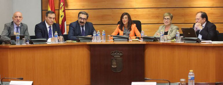 El consejero de sanidad (el tercero por la izquierda) en su comparecencia en las Cortes este lunes