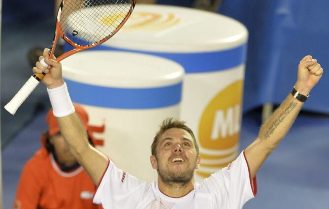 El jugador de Lausanne celebra su victoria ante Nadal en la final del Open de Australia