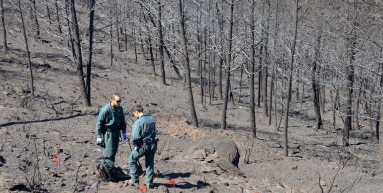 Guardias civiles investigan en el terreno el incendio