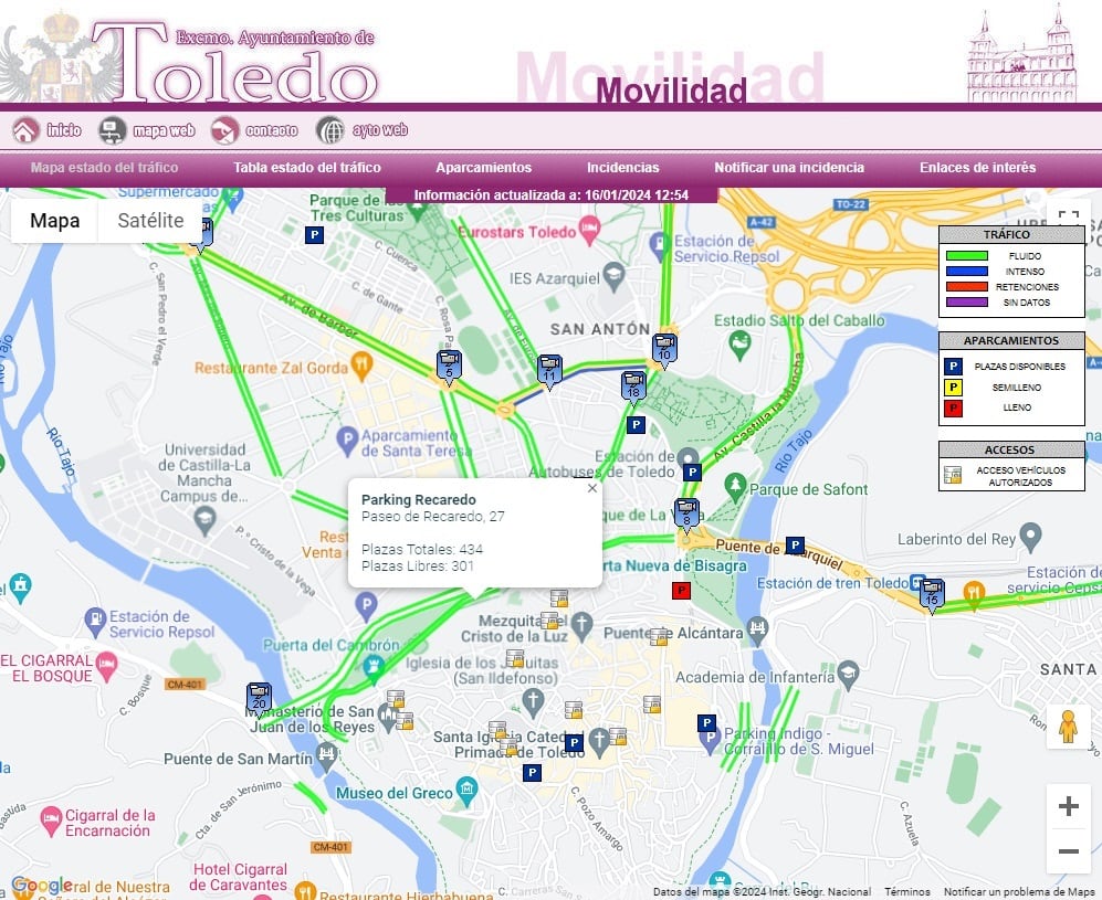 Mapa del estado del tráfico y los aparcamientos de Toledo