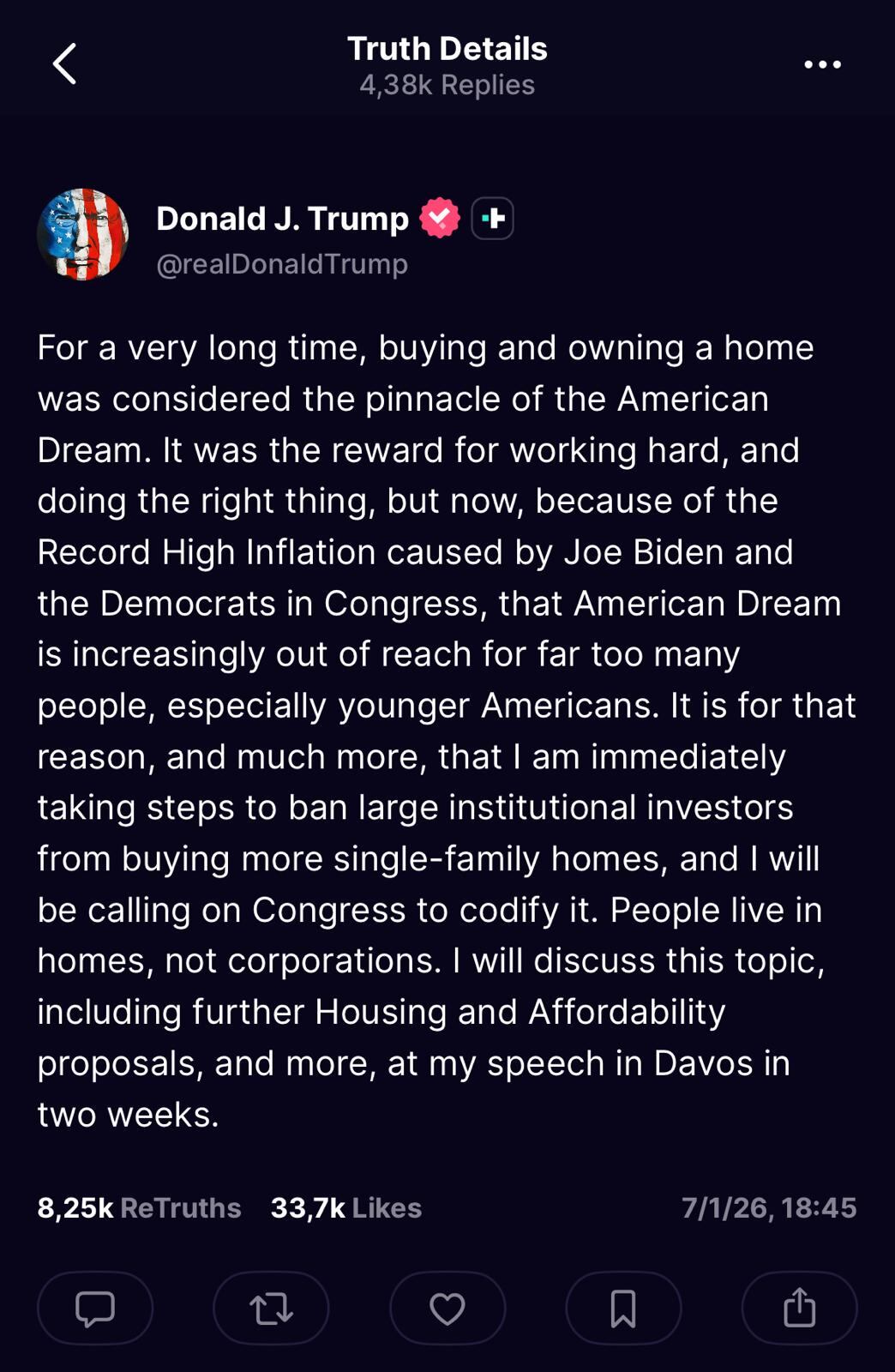 Mensaje de Trump en Truth sobre vivienda