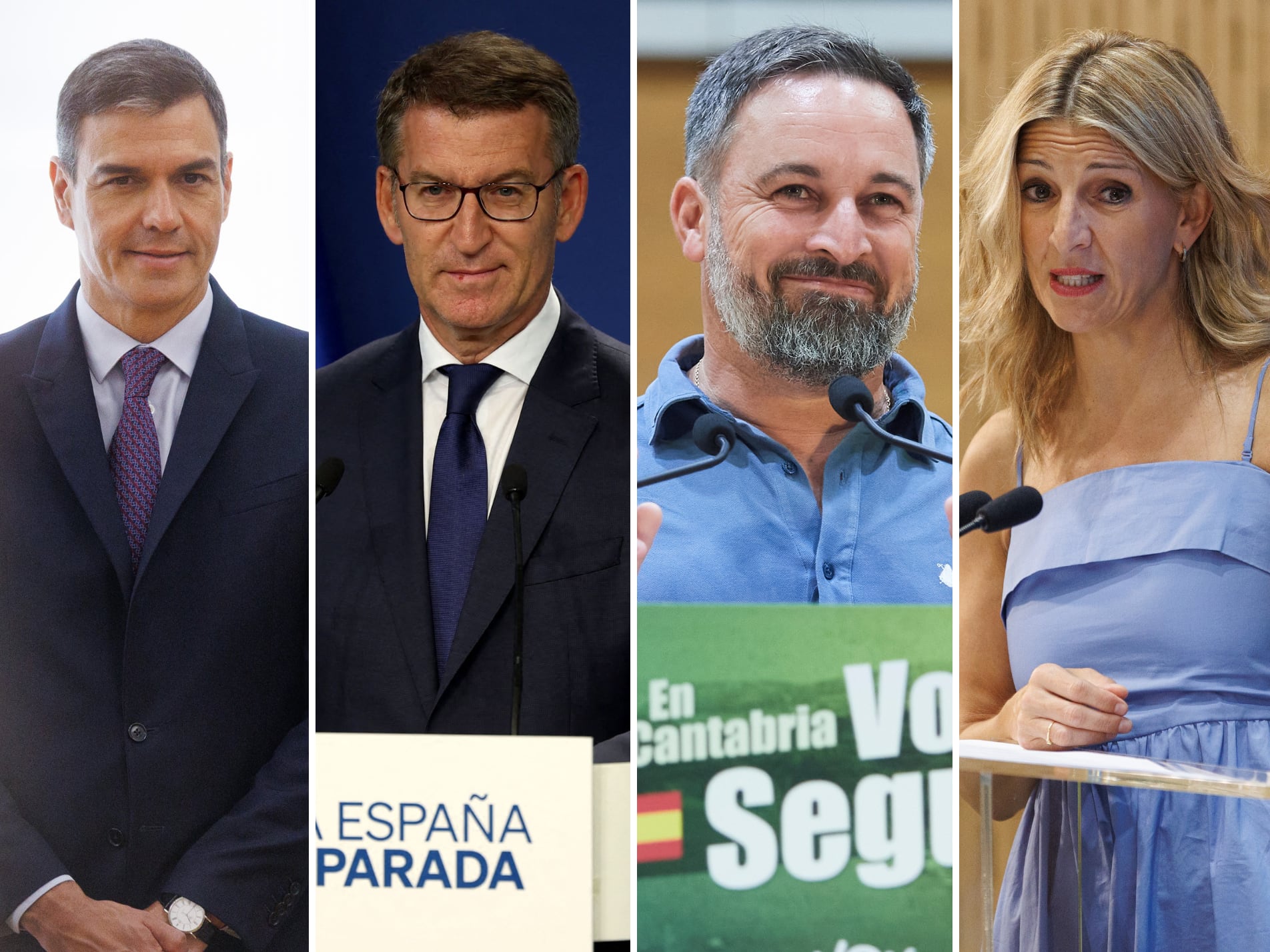 Pedro Sánchez (PSOE), Alberto Núñez Feijóo (PP), Santiago Abascal (Vox) y Yolanda Díaz (Sumar) son los candidatos de las principales fuerzas políticas para el 23J