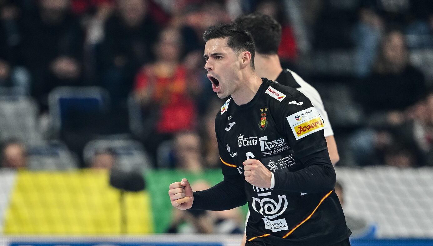 MANNHEIM, GERMANY - JANUARY 16: Angel Fernandez Perez of Spain gestures during the Men&#039;s EHF Euro 2024 preliminary round match between Spain and Austria at SAP Arena on January 16, 2024 in Mannheim, Germany. (Photo by Harry Langer/DeFodi Images via Getty Images)