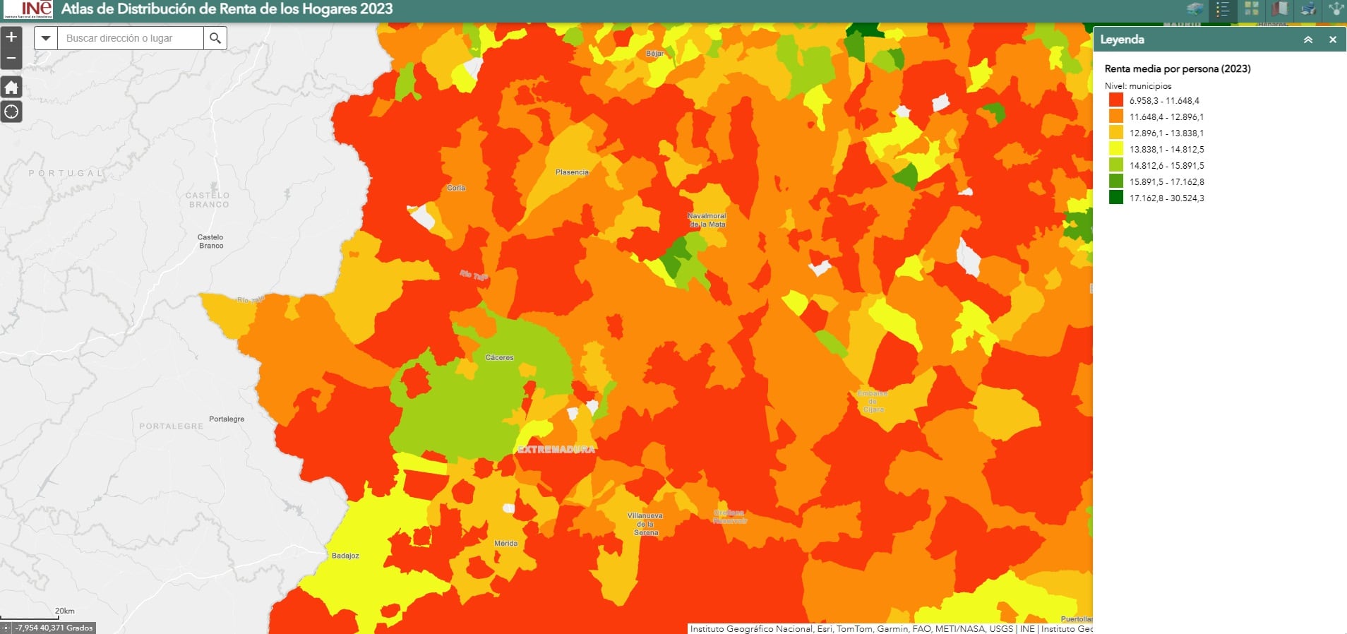El mapa del INE deja solo con niveles de renta elevados en la provincia a la capital y la zona de Almaraz