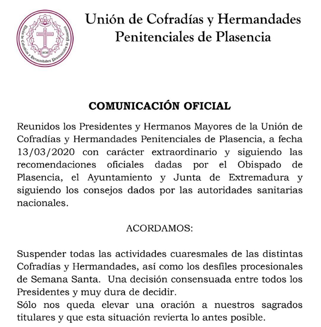 Comunicado de la Unión de Cofradías y Hermandades Penitenciales de la Semana Santa de Plasencia anunciando la suspensión de los desfiles procesionales de Semana Santa