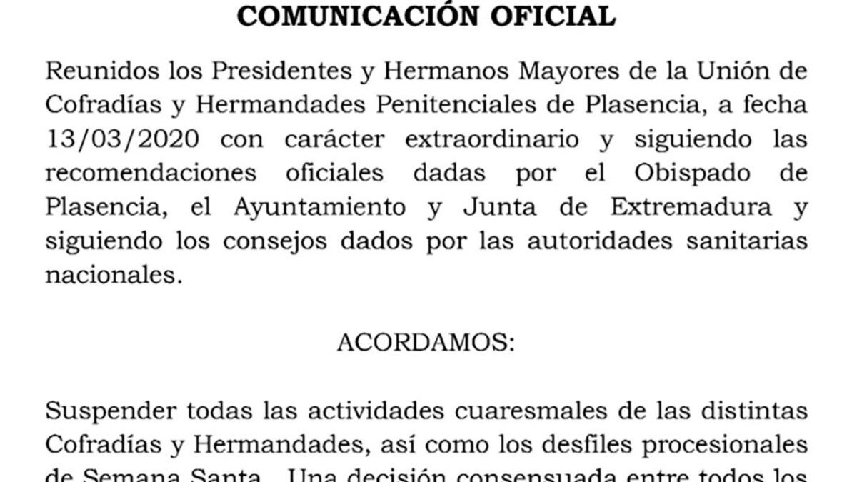Suspendida la Semana Santa de Plasencia