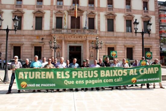 Alguns dels pagesos i representants de cooperatives concentrats al davant de la subdelegació del govern espanyol a Lleida per reclamar mesures a la ministra d'Agricultura per la crisi de preus i el veto rus.