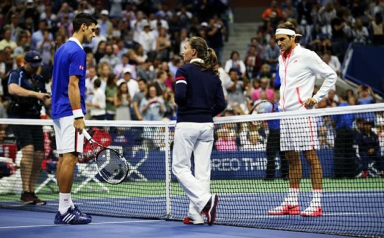 Eva, junto a Djokovic y Federer en la Final del US Open