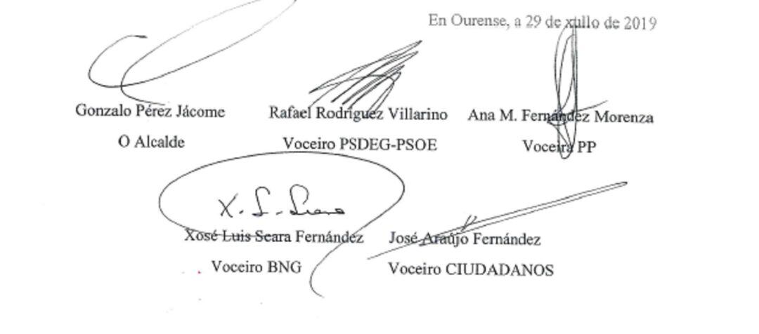 Las firmas en el manifiesto de los cinco portavoces municipales