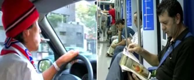 El anuncio contrapone a un aficionado atlético contaminante, que va al fútbol en coche, colérico, fumando y hablando por el móvil, con un hincha del Real Madrid que viaja placidamente en Metro, leyendo, y así llega al estadio con tiempo de sobra como un ciudadano ejemplar.